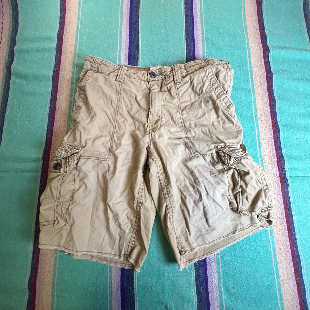 Aeropostale Cargo Shorts Mens 34 Tan Khaki Cotton Raw Hem Utility Rugged Pockets